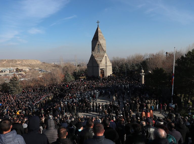 Some call for prime minister’s resignation as Armenia honours Nagorno-Karabakh dead