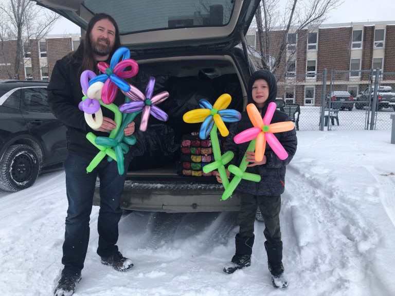 Father-son duo twist 160 balloon flowers for isolated Regina seniors