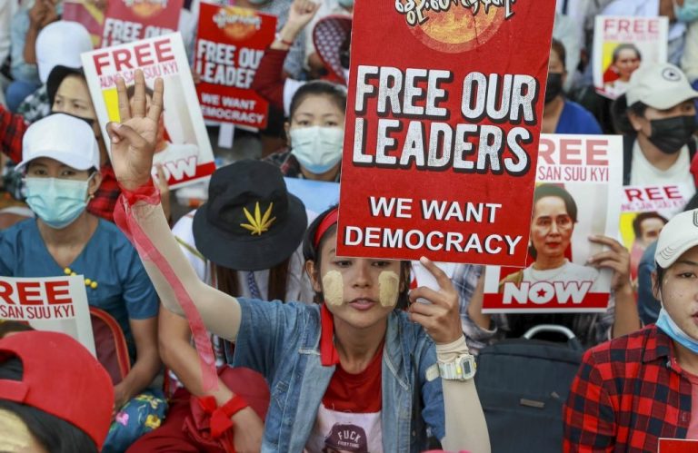 Myanmar police block students from joining protests against military coup