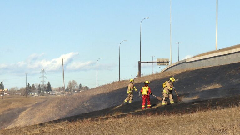 Crews battle grass fire near Max Bell arena that ‘was moving towards the bike path’