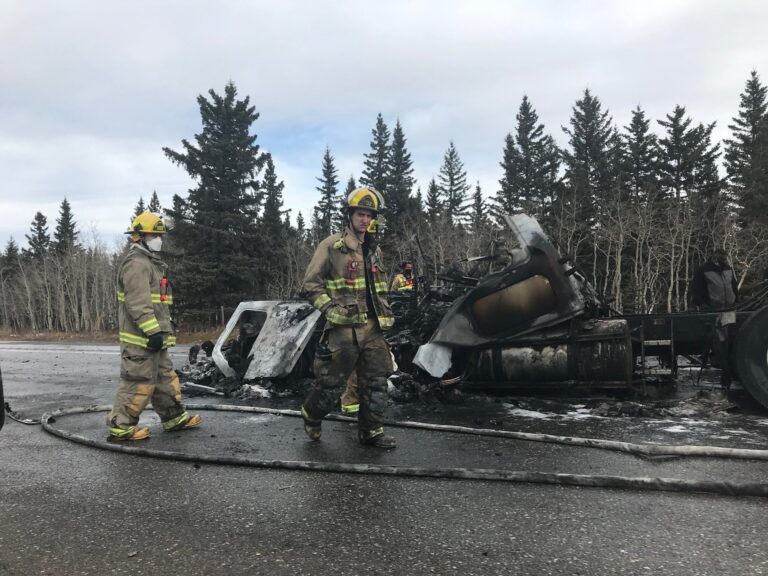Highway 1 westbound traffic delayed after semi-trailer catches fire near Scott Lake Hill: Alberta RCMP