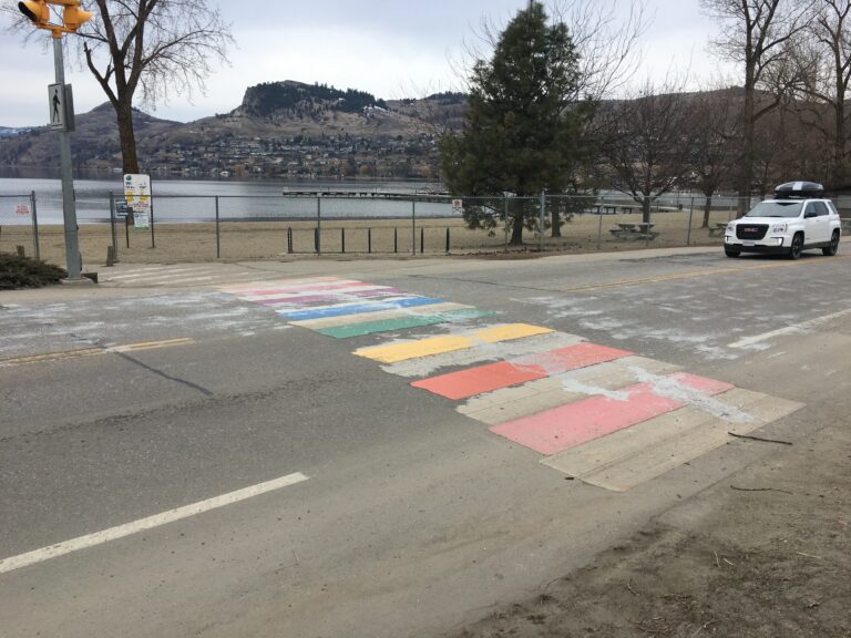 Coldstream rainbow crosswalk defaced with grey paint