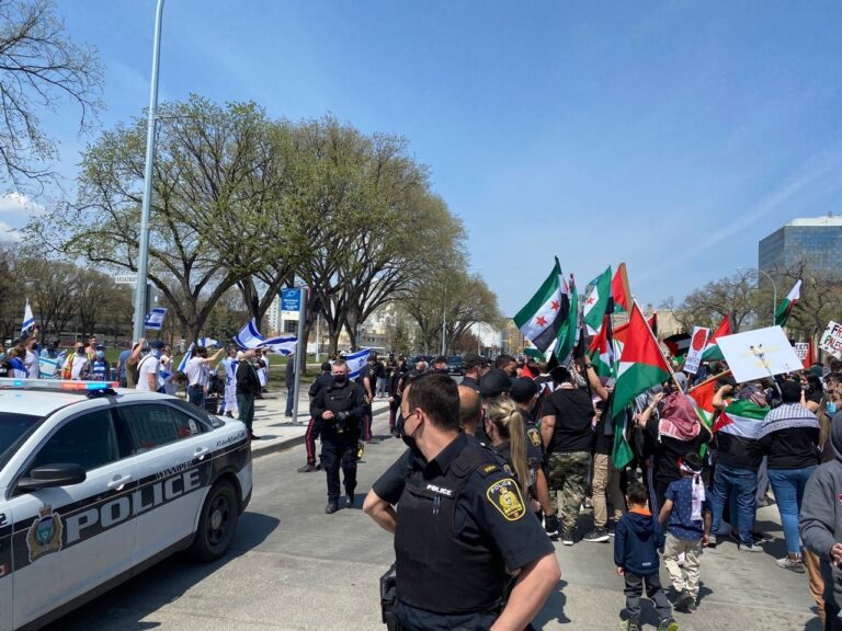 Pro-Palestinian, Israel demonstrators meet in front of Manitoba legislative building