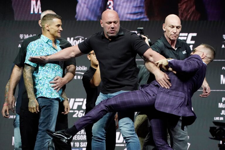 Conor McGregor talks trash, throws kick at Dustin Poirier before UFC 264