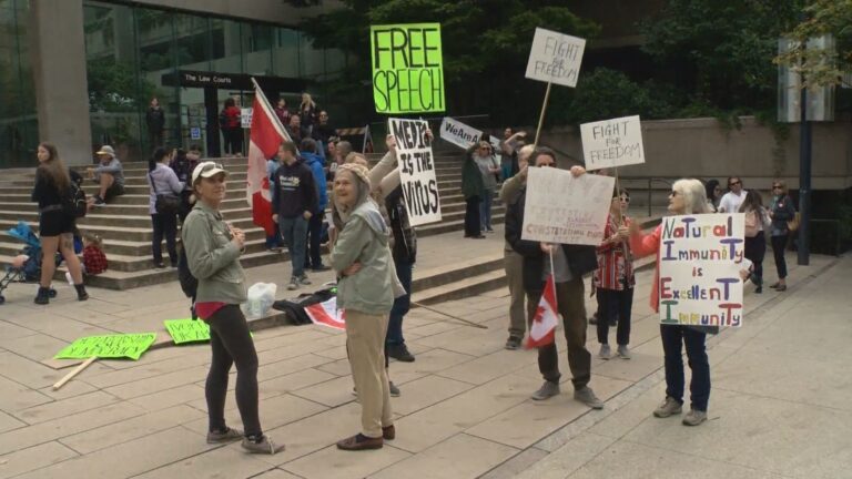 Anti-vaccine card protesters confront sheriffs outside B.C. Supreme Court