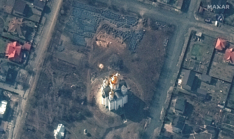 Satellite images show 45-foot-long trench at grave site in Bucha after Russia’s attack