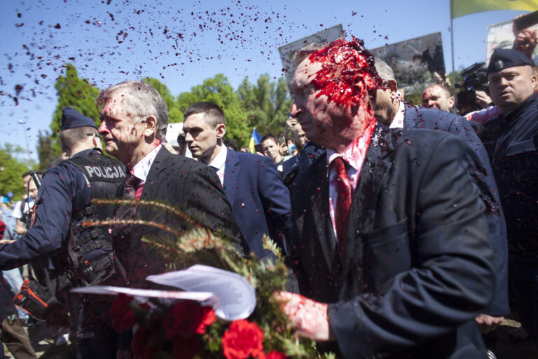Russia’s ambassador to Poland doused in red by Ukraine war protesters