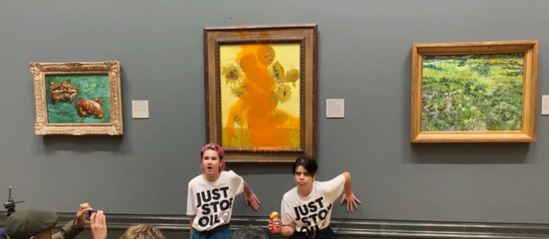 Climate protesters douse Vincent van Gogh’s ‘Sunflowers’ with tomato soup