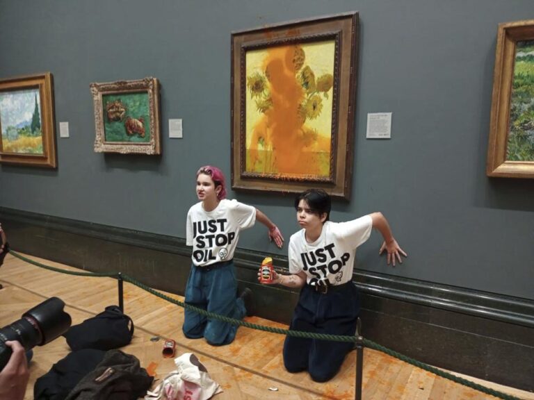 Climate protesters charged after dousing van Gogh’s ‘Sunflowers’ with tomato soup