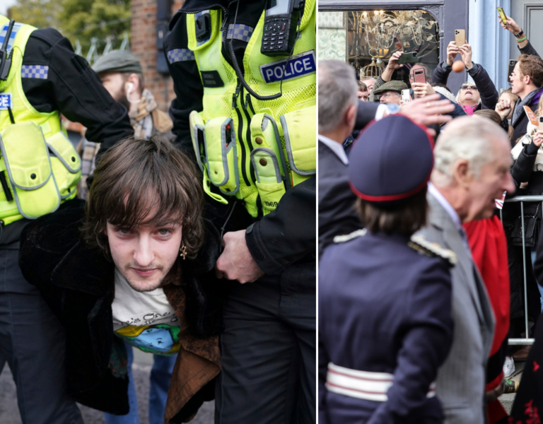 Protester arrested after eggs hurled at King Charles during ceremony