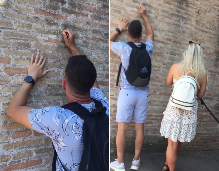 Hunt on for tourist caught on video carving names onto Colosseum wall